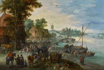 A wooded river landscape with a fish market and fishing boats near a village