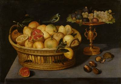 Still life of lemons and pomegranates in a basket with a blue tit and a dragonfly, together with grapes, figs and plums in a gilt tazza and a mouse eating chestnuts, all on a ledge
