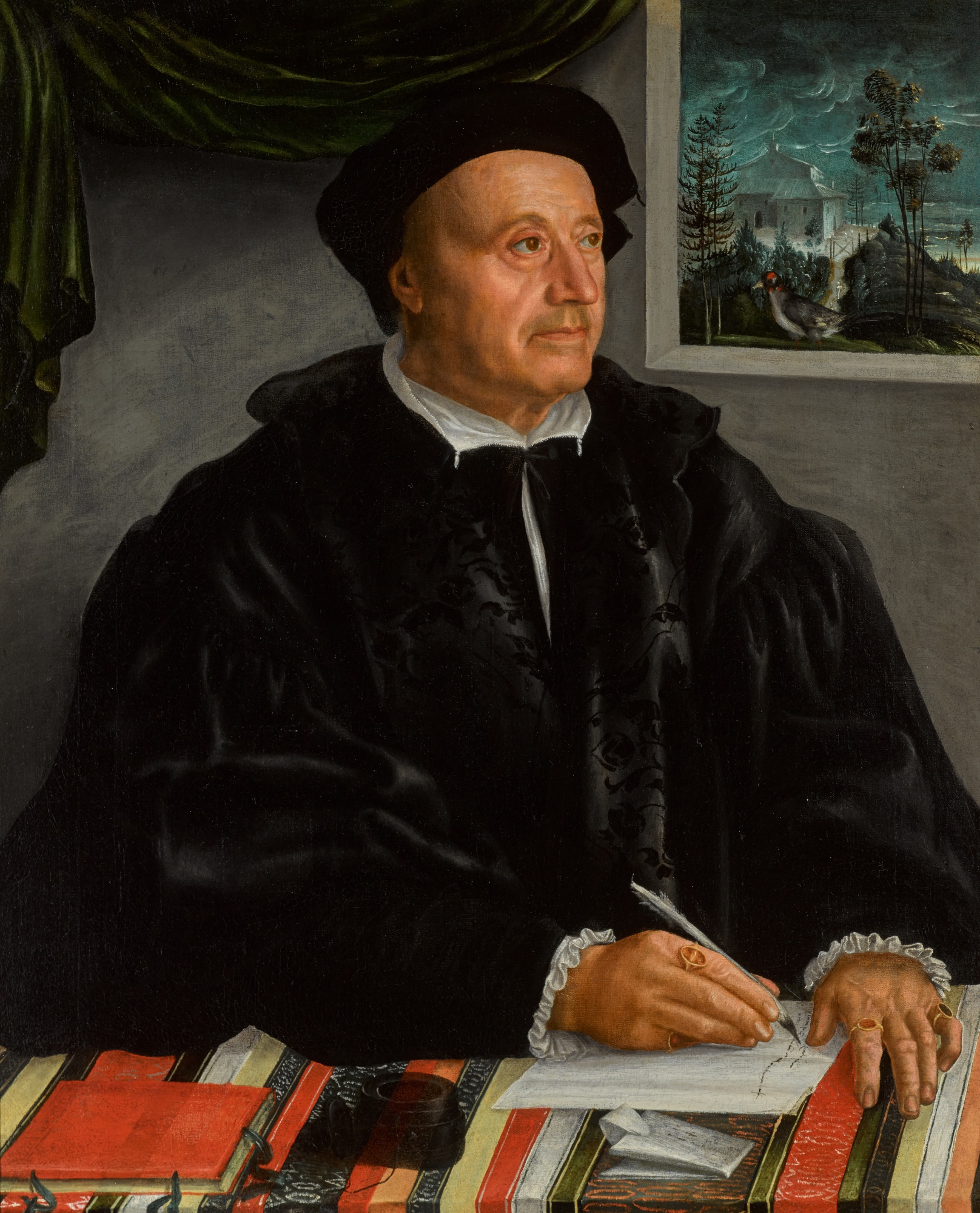 School of Augsburg, 16th century — Portrait of a gentleman at a desk with a goldfinch, a landscape visible through the window beyond
