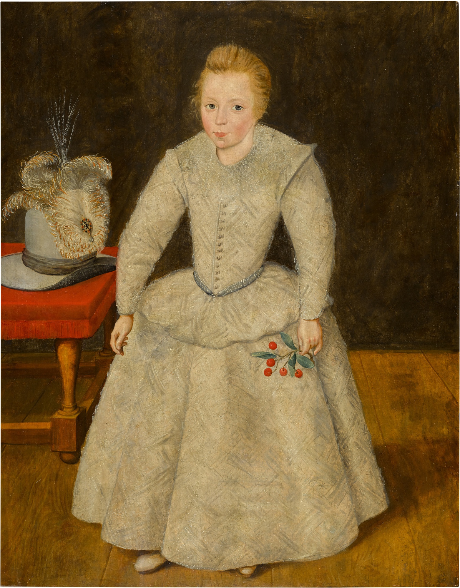 Robert Peake the Elder — Portrait of a boy, probably of the Filmer Family, in his robes of infancy holding a sprig of cherries