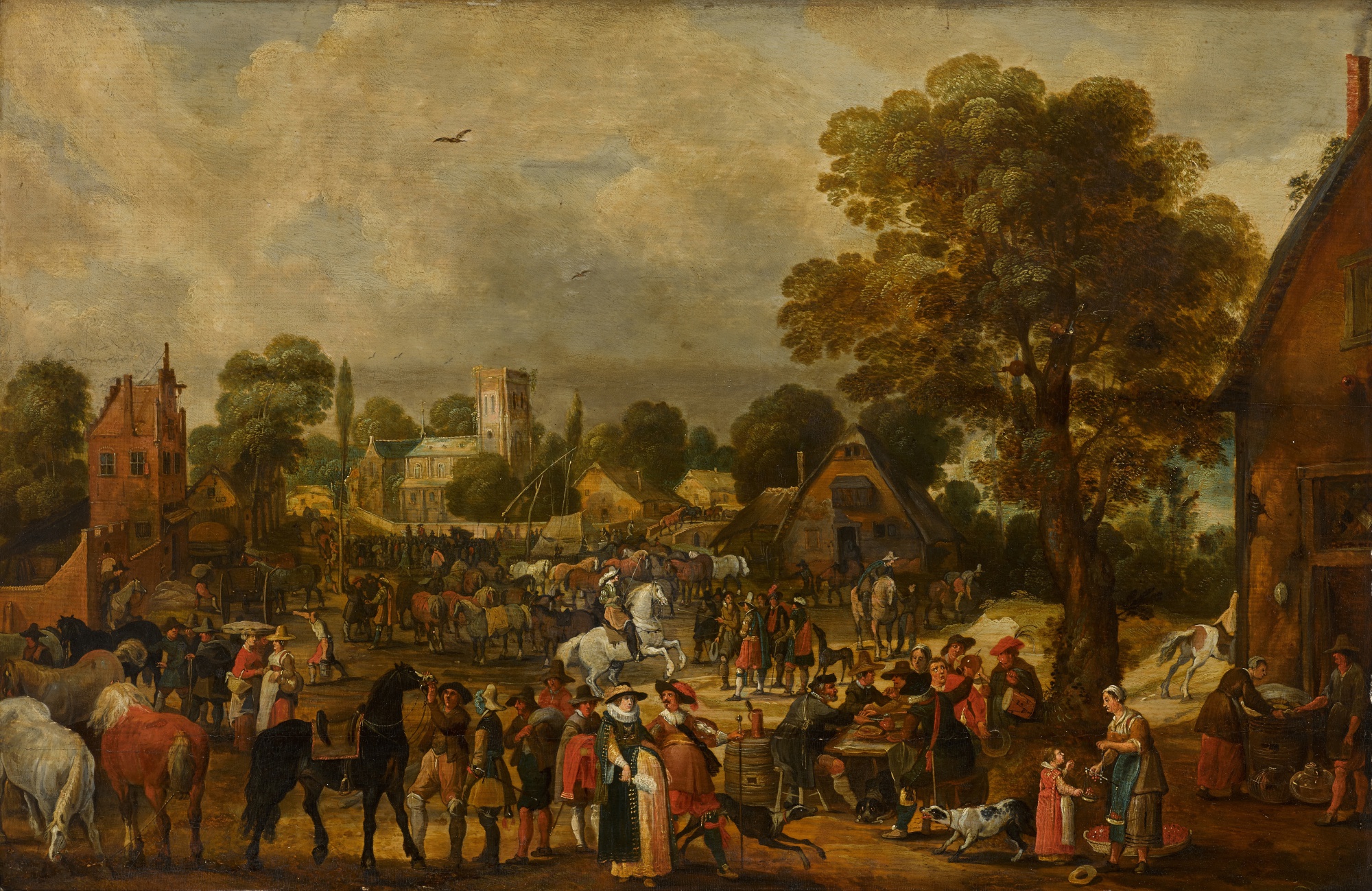 Attributed to Pieter van der Hulst the Younger — A town scene with riders and figures set among houses, a church and a bridge in the distance