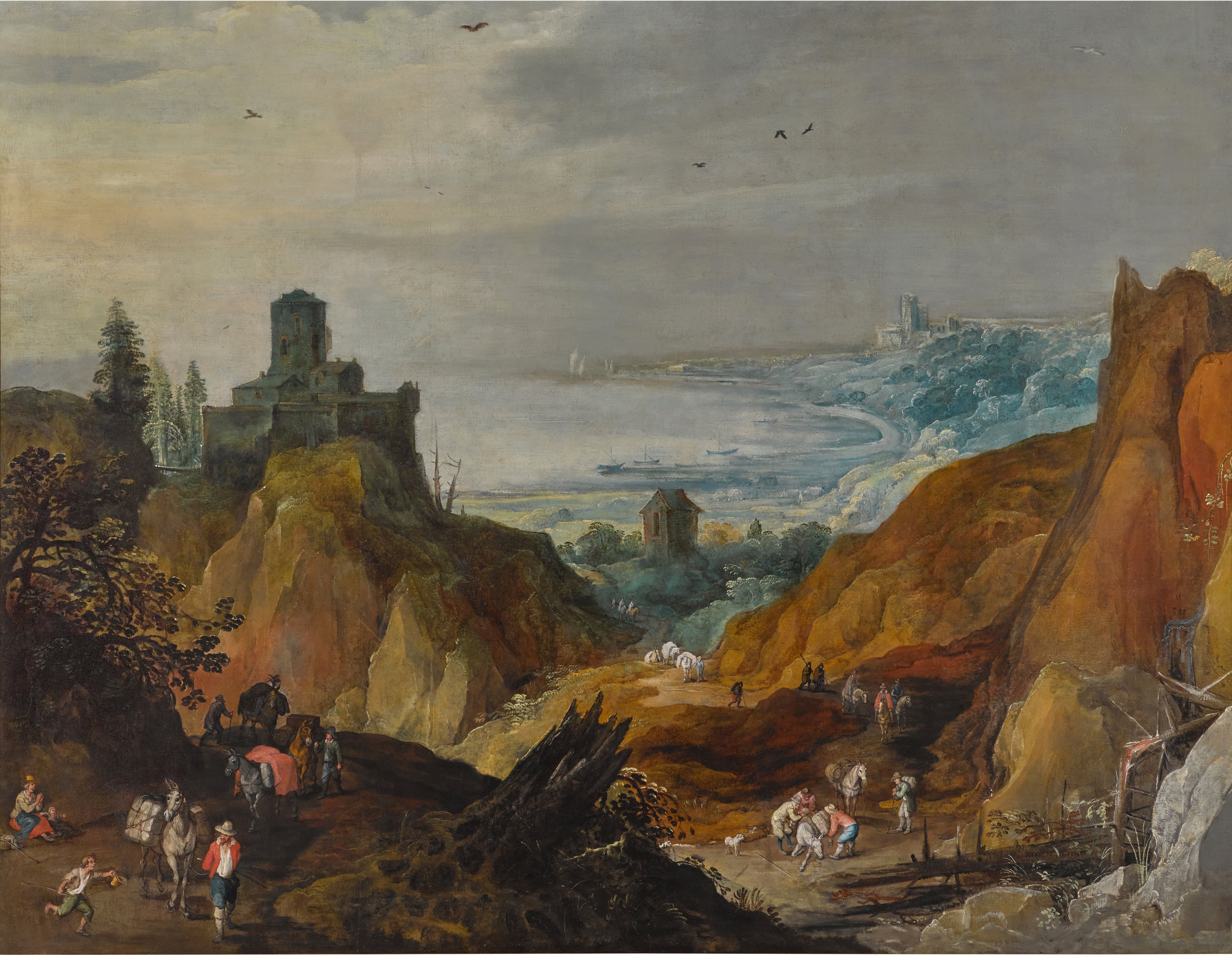 Unknown — An extensive mountainous landscape with travellers on a path, with a castle and the sea beyond