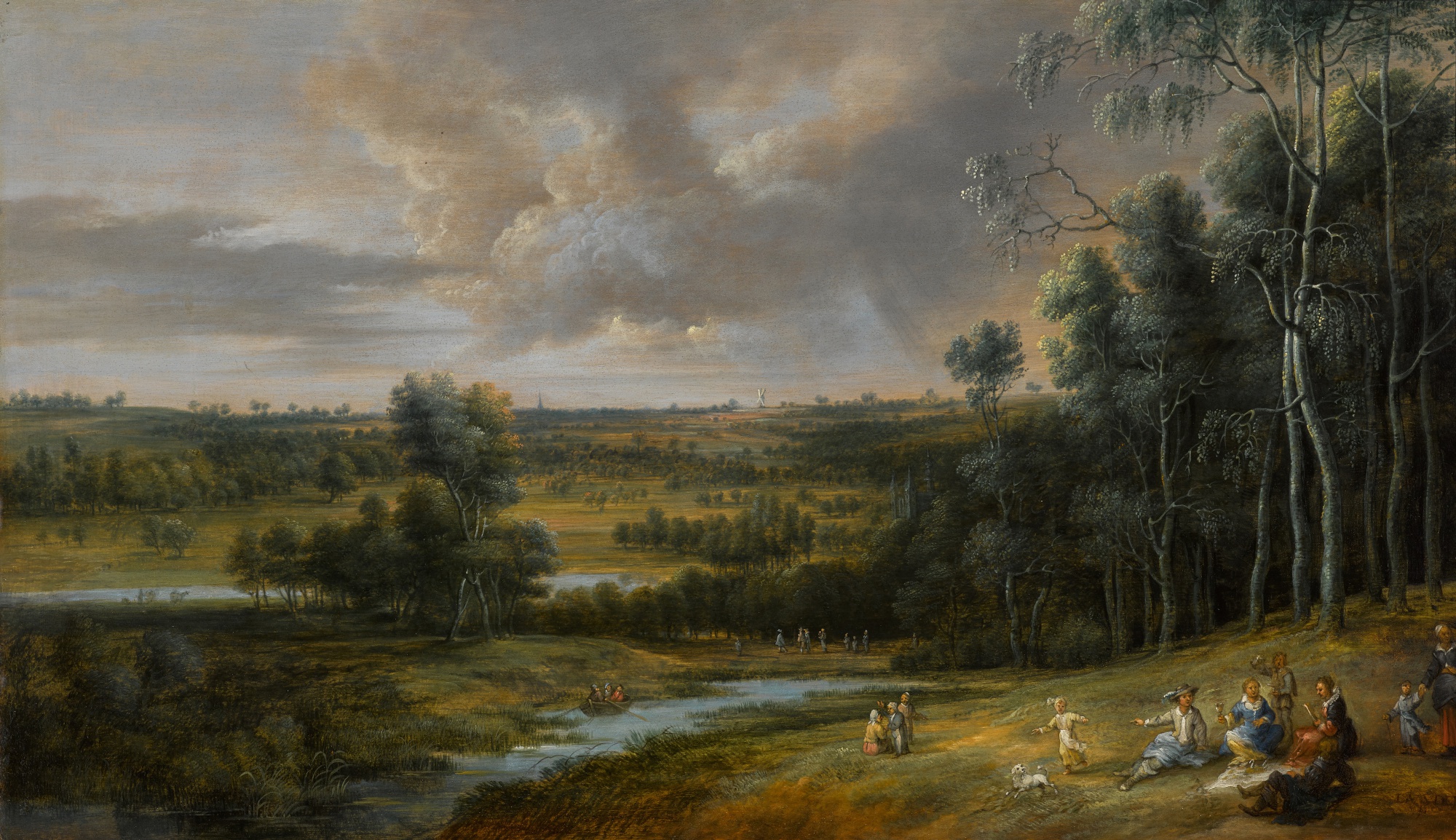 Unknown — An extensive landscape with an elegant company drinking in the foreground, a small boat with figures in the river nearby, with a distant landscape in the background with windmill and church