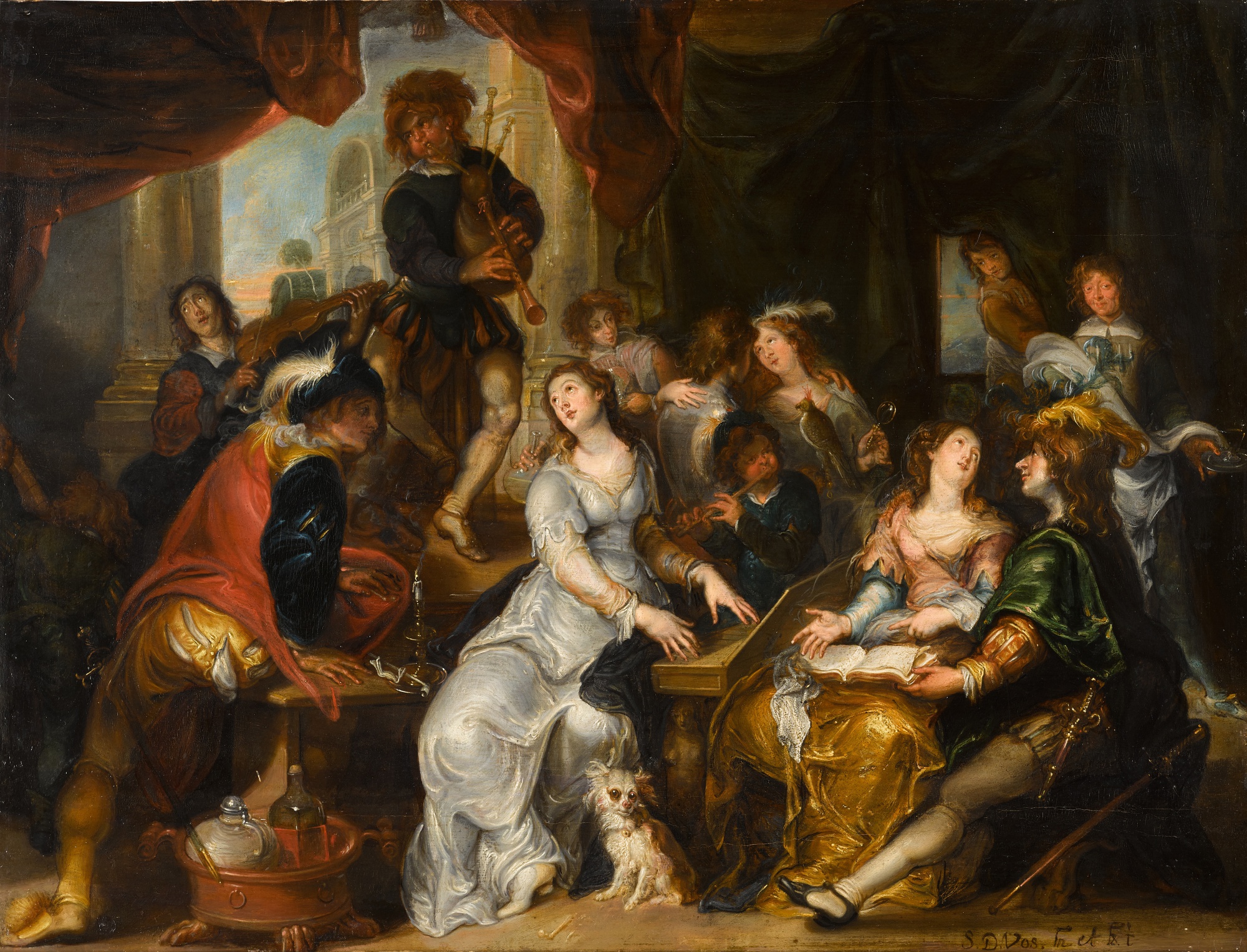 Simon de Vos — An interior scene with elegant figures playing musical instruments and merrymaking