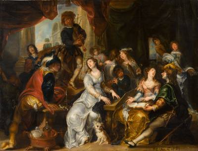 An interior scene with elegant figures playing musical instruments and merrymaking