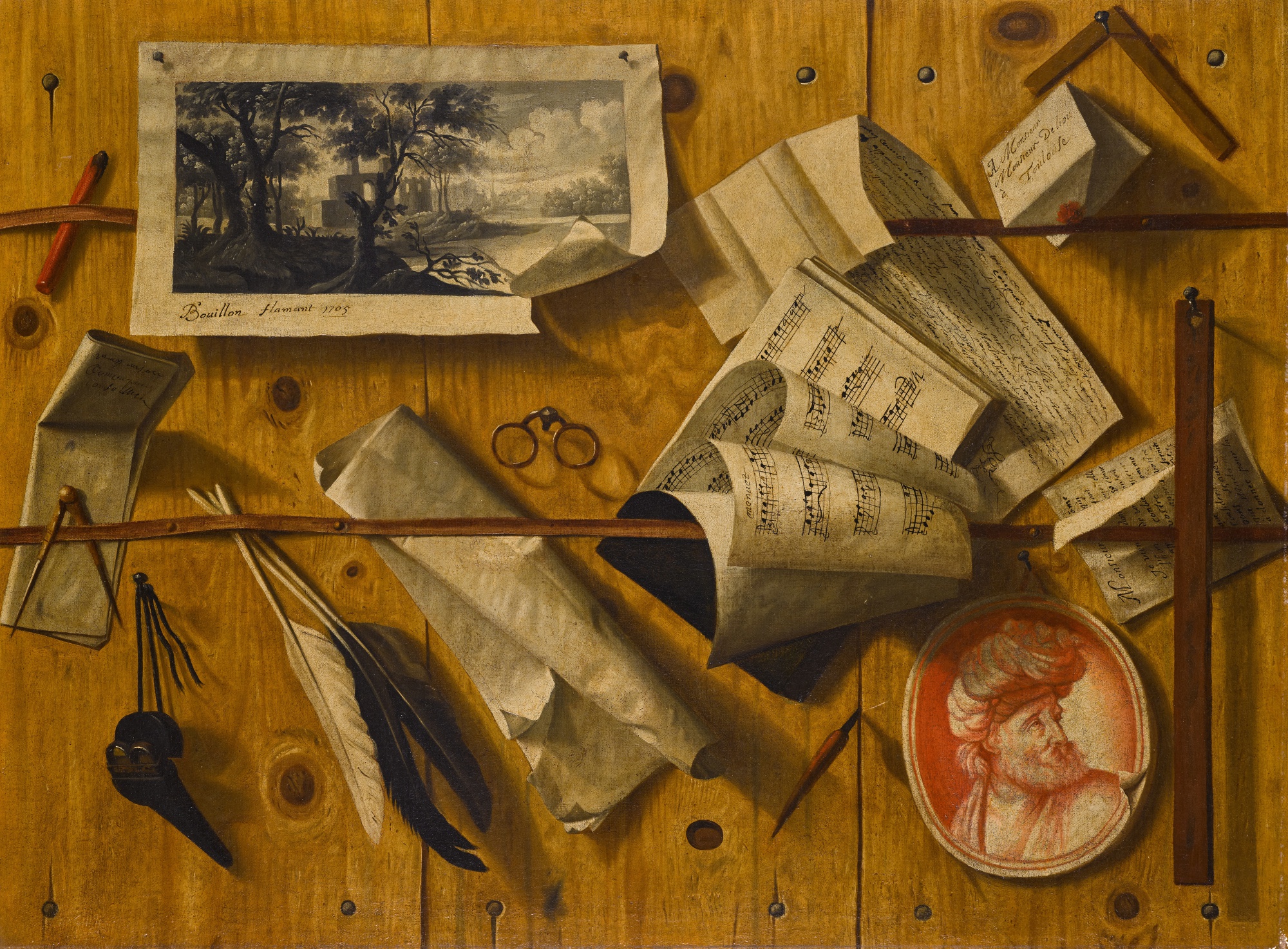 Unknown — Trompe l'œil still life of letters, sheet music, an engraving, a drawing and writing implements affixed to a wooden board