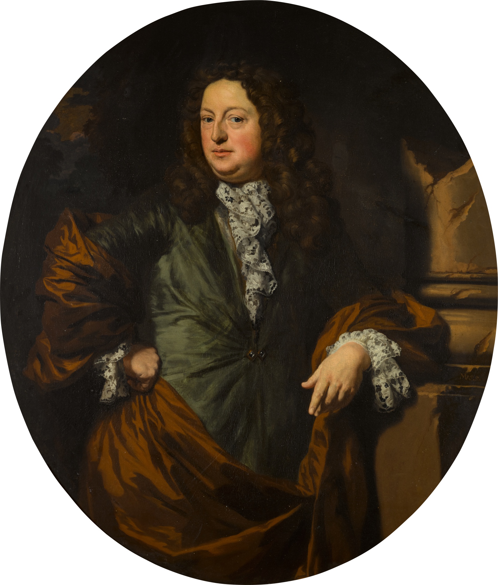 Portrait of Jean Baptist Everard de Borchgrave (1613–1684), three-quarter-length, wearing a green jacket with a white ruff and yellow drape, leaning on a broken column