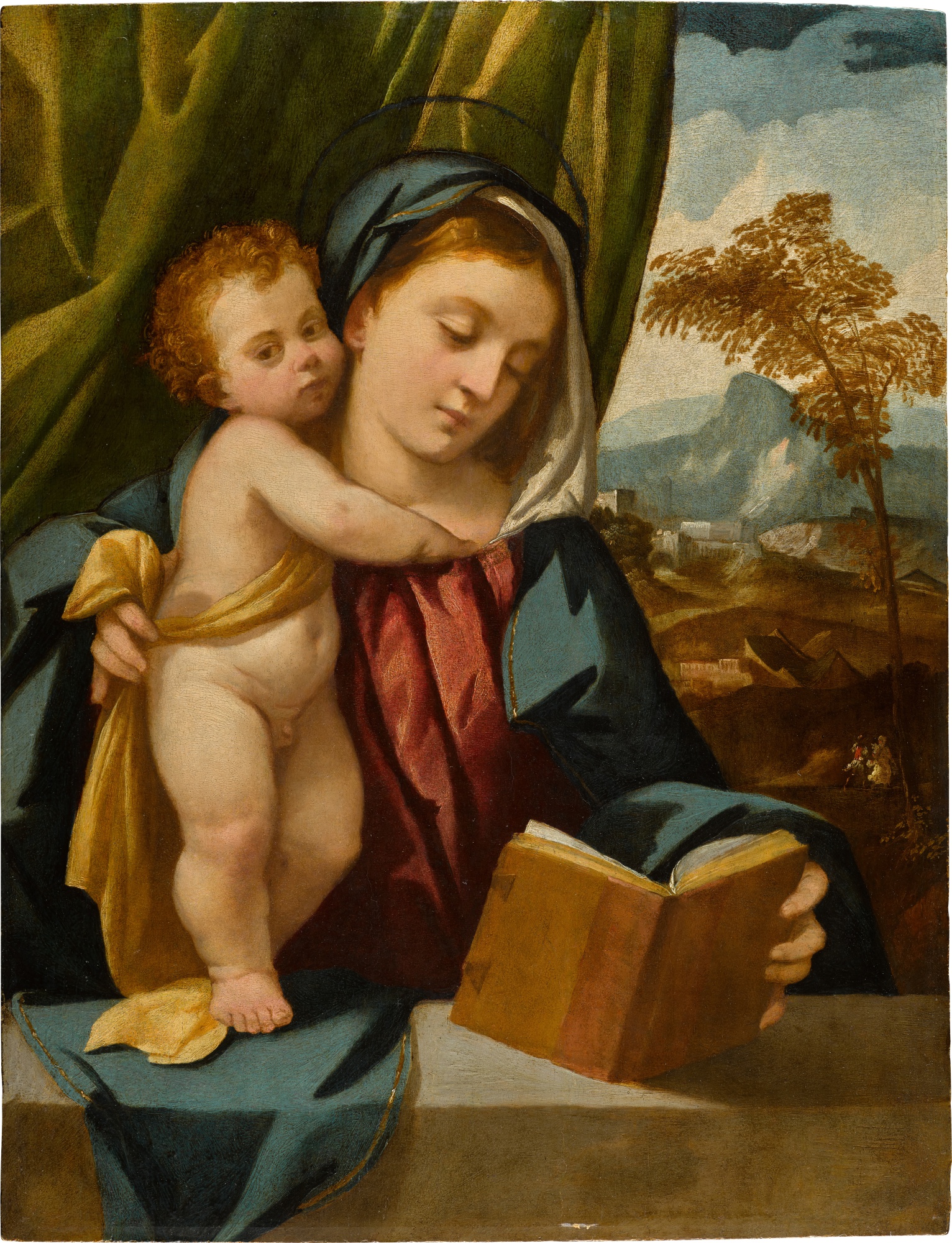 Unknown — The Virgin reading a book and holding the standing Christ Child, with a landscape beyond