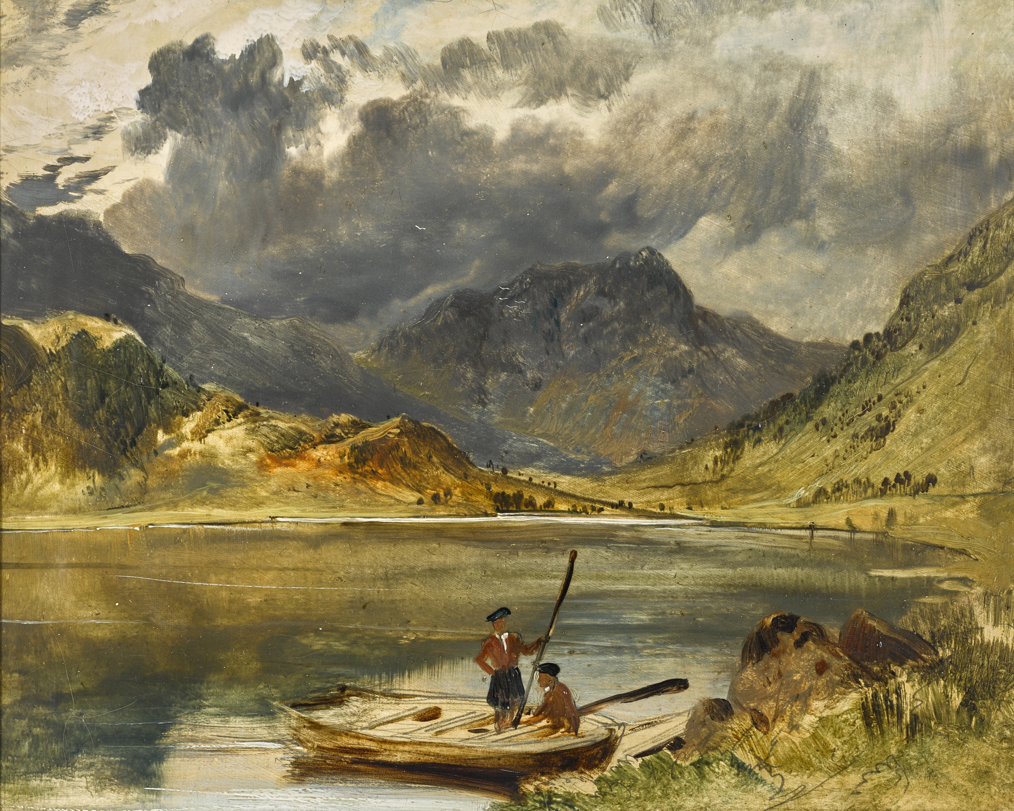 A Highland loch with ghillies in a boat