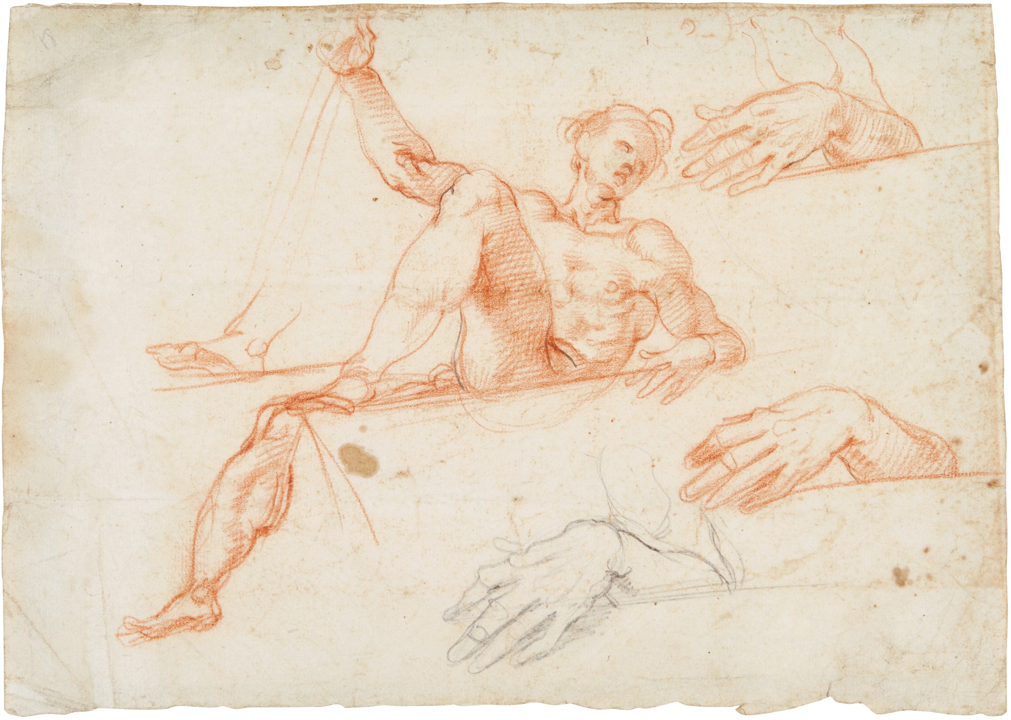 Giovanni Alberti — Reclining Male Nude; Separate Studies of his Left Leg and Left Hand