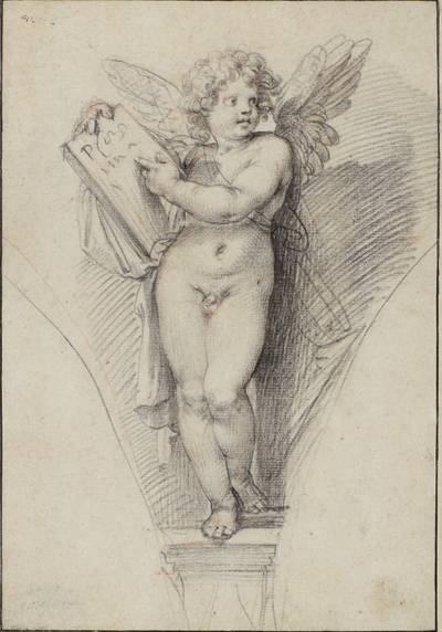 A Standing Putto in a Drawn Spandrel Holding a Tablet, his Head turned to the Right