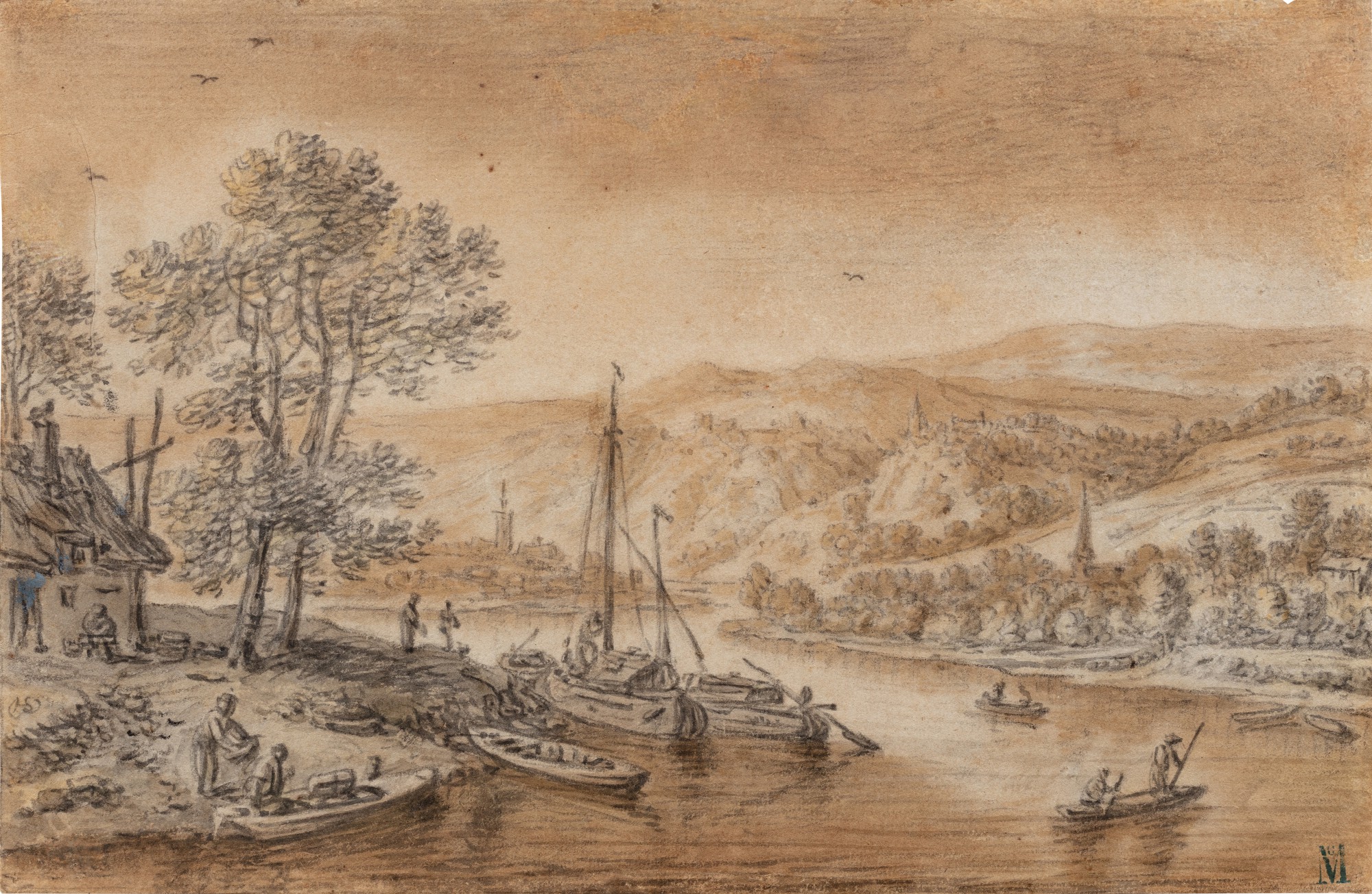 A Rhine landscape, with boats and figures in the foreground