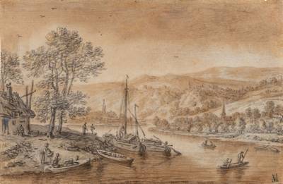 A Rhine landscape, with boats and figures in the foreground