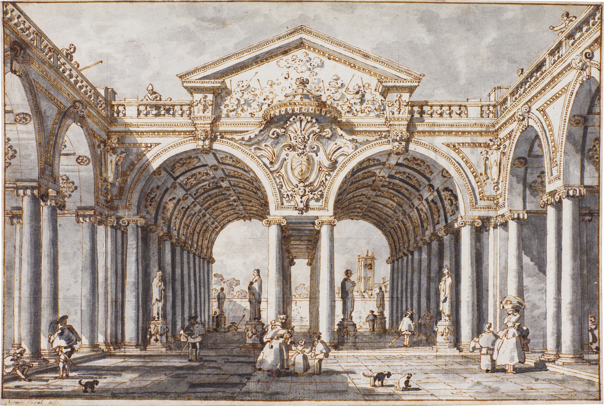 Giovanni Antonio Canal, called Canaletto — Capriccio: a courtyard with a double-arched portico surmounted by an elaborate pediment