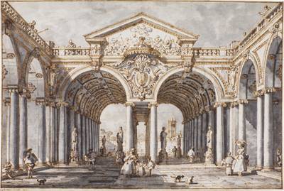 Capriccio: a courtyard with a double-arched portico surmounted by an elaborate pediment