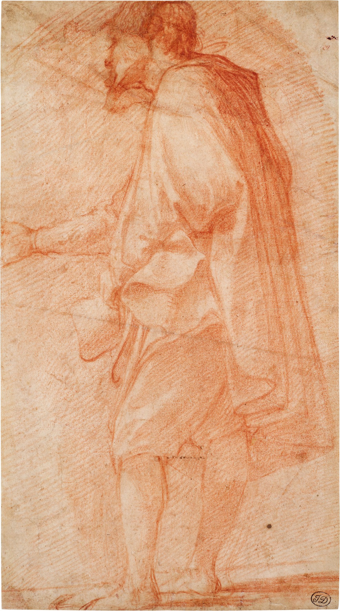 Attributed to Giovanni Mannozzi, called da San Giovanni — A man wearing a mantle, seen in profile, holding a hat with his left hand, his right arm outstretched