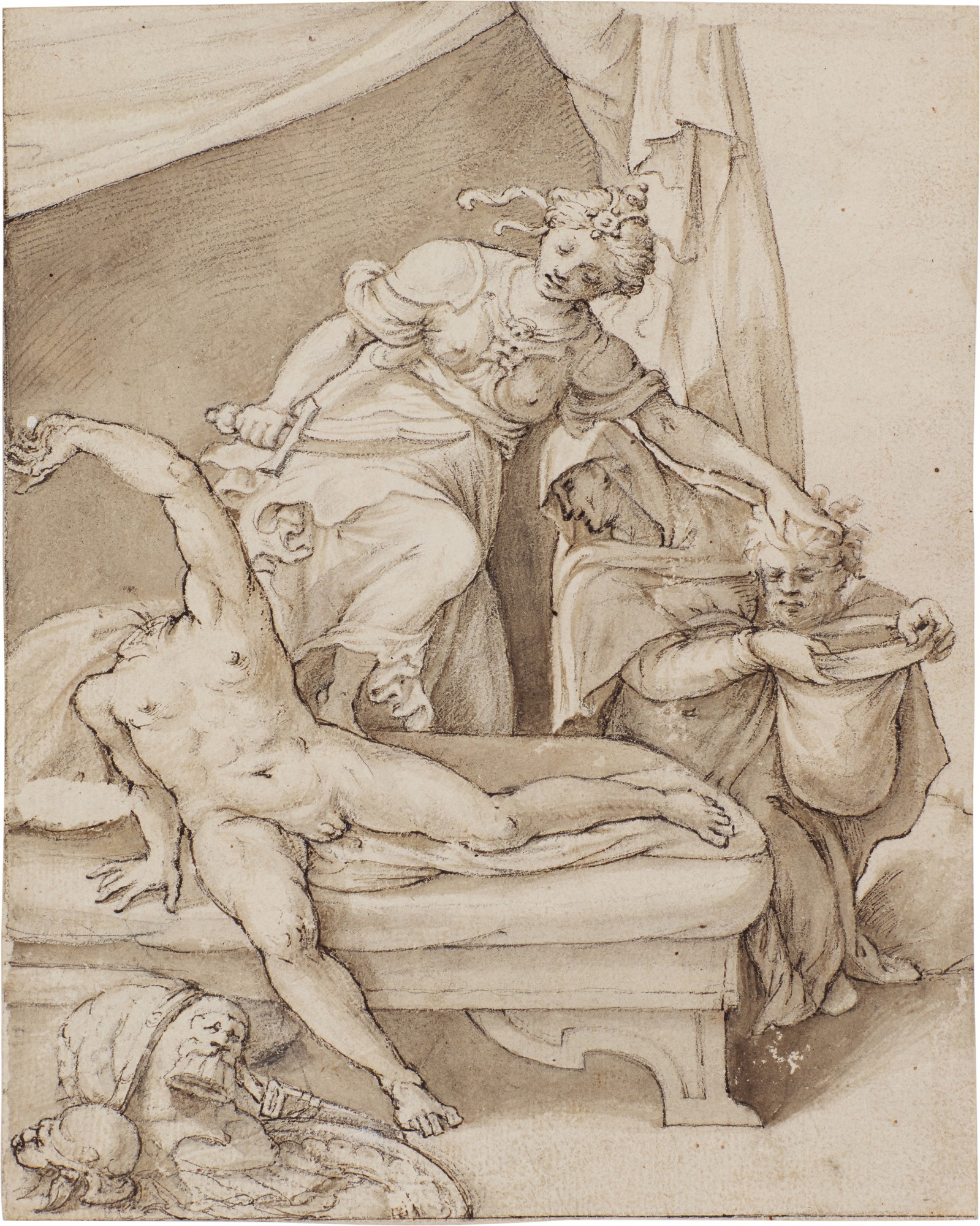 German or Prague School, Circa 1600 — Recto: Judith and Holfernes; Verso: Studies of a standing youth, and an old man