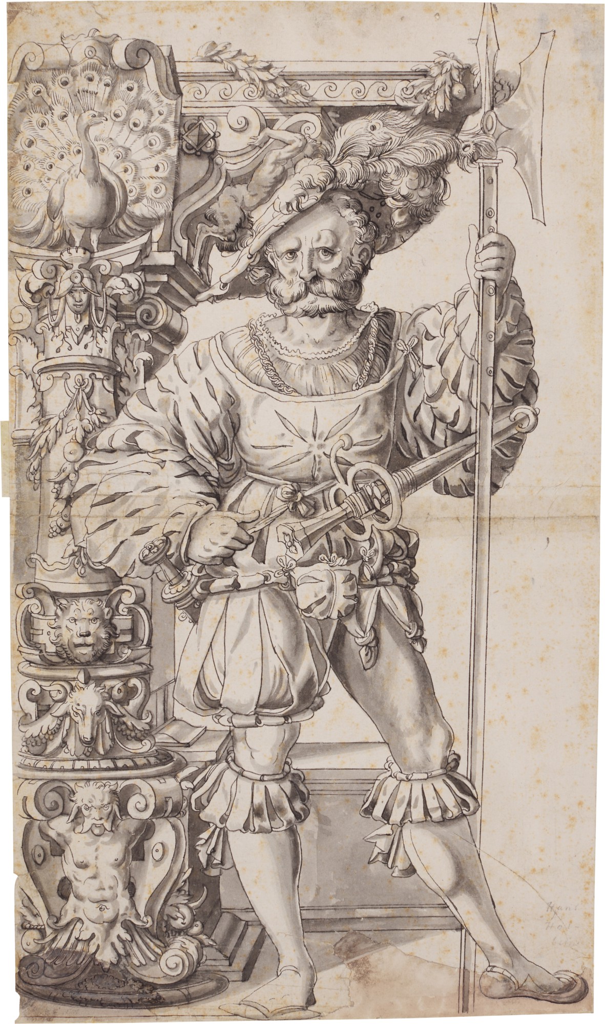 Circle of Hans Jakob Plepp — Design for Stained Glass: A halbardier standing beside a column decorated with various animal heads and a peacock