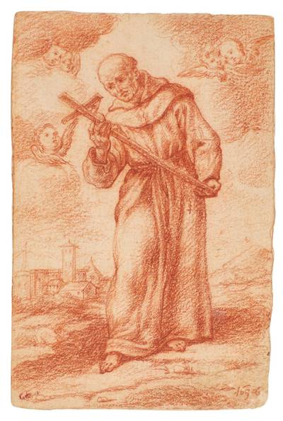 A saint holding a cross in a landscape