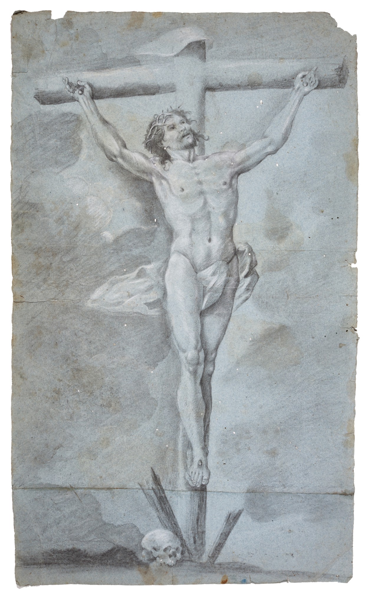 Spanish School, late 17th Century — Recto: Christ on the Cross  Verso: Study of a male nude, his arms raised