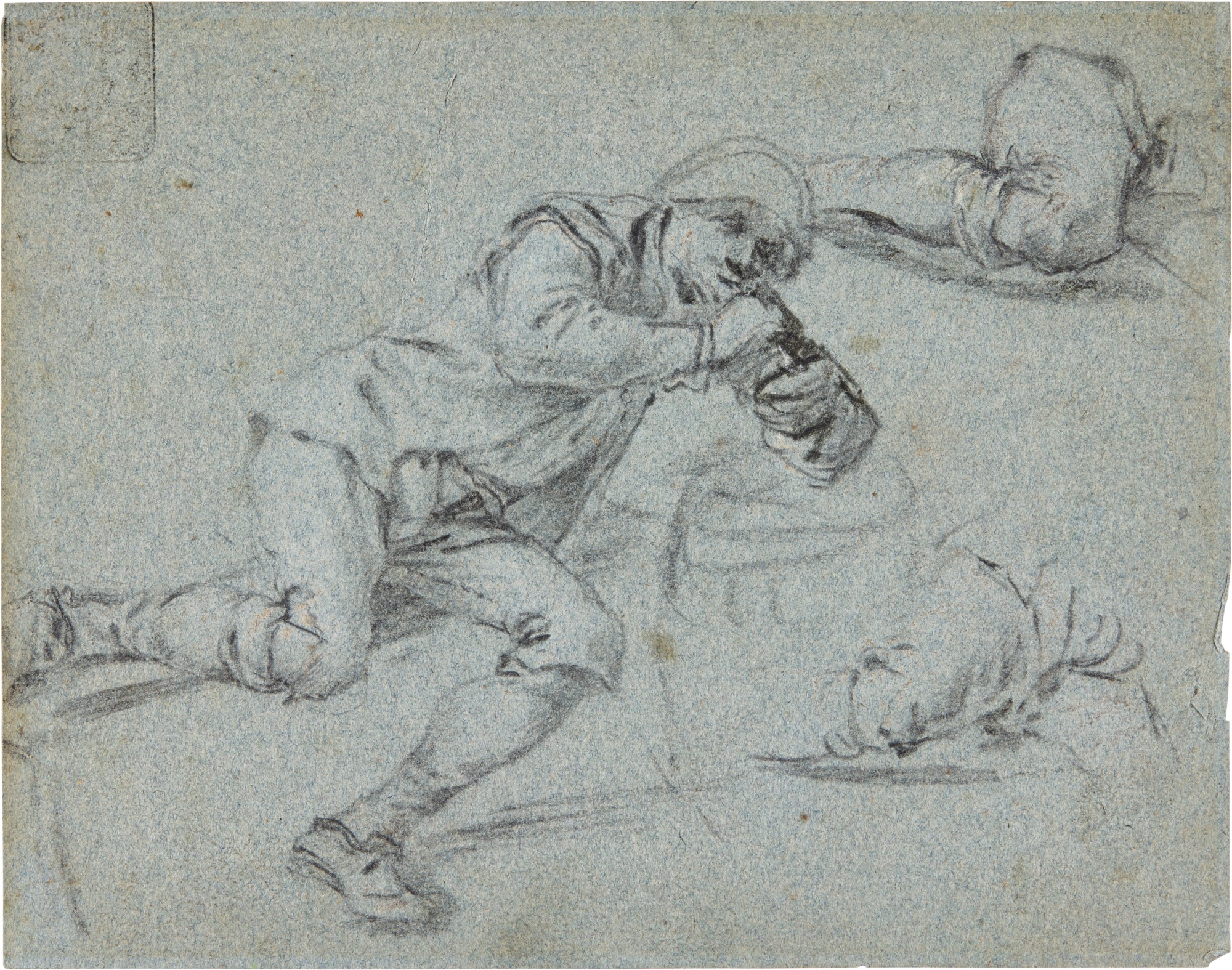 Adriaen Jansz van Ostade — Studies of a Man seated on a bench, leaning on a barrel