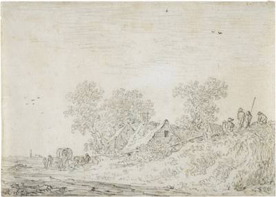 Cottages with a horse and cart and figures on a hillside