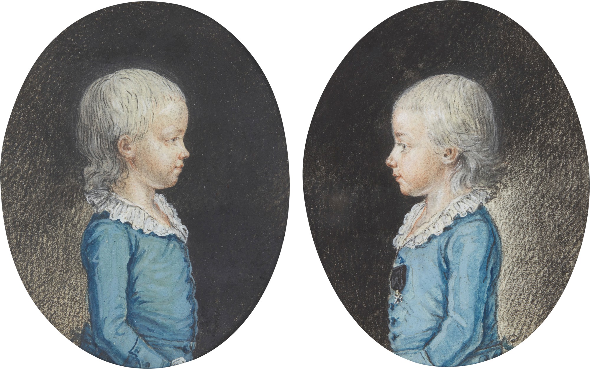 Louis Carrogis called Carmontelle — Two portrait studies, in profile, each depicting a young boy dressed in a blue jacket with a white collar