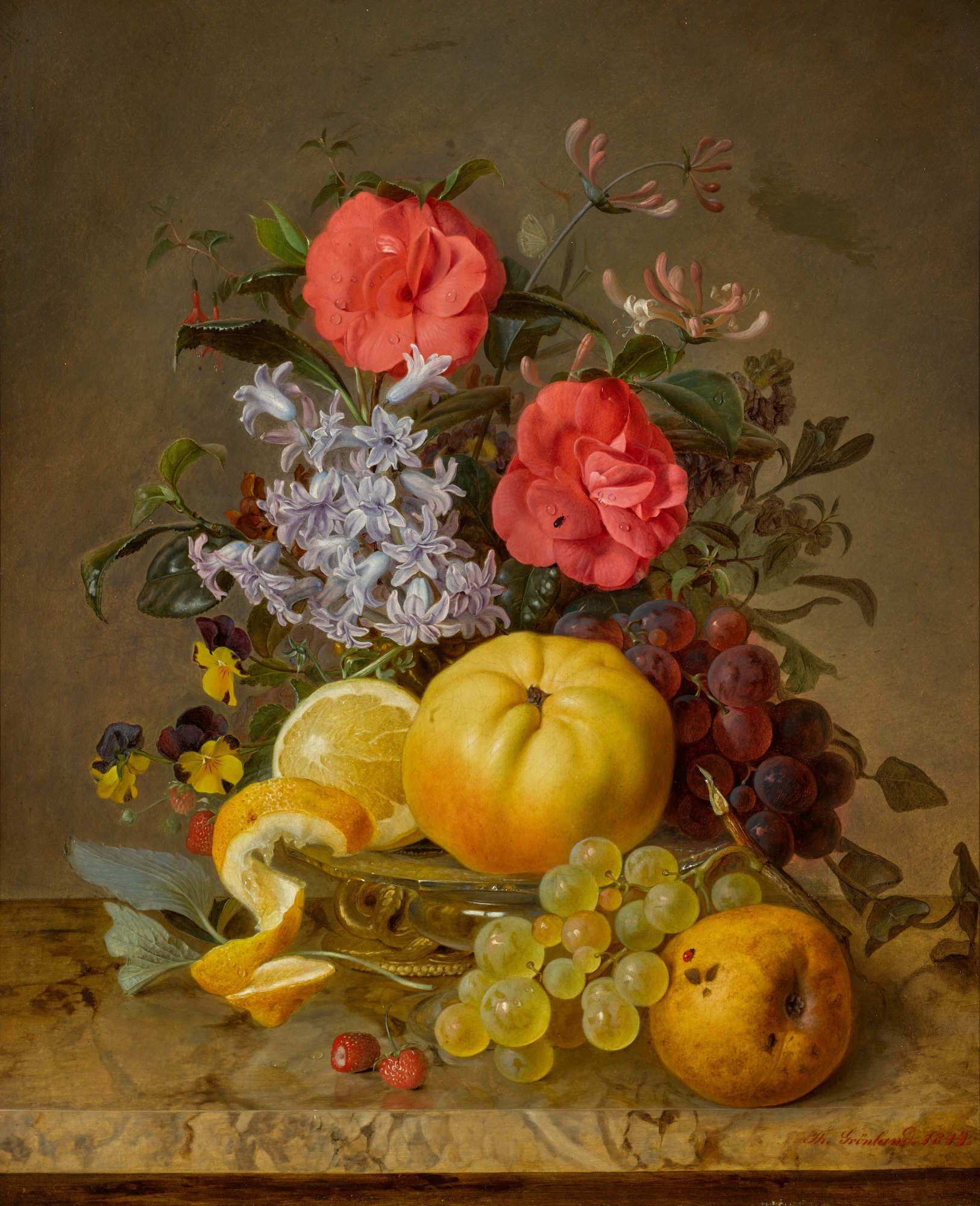 Theude Grönland — Still life with Fruit and Flowers on a Marble Ledge