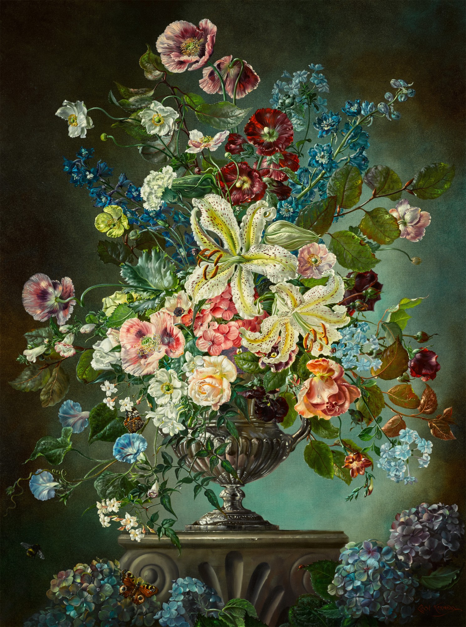 Cecil Kennedy — A Silver Urn of Mixed Flowers with a Bumblebee, a Ladybird, and Peacock and Red Admiral Butterflies