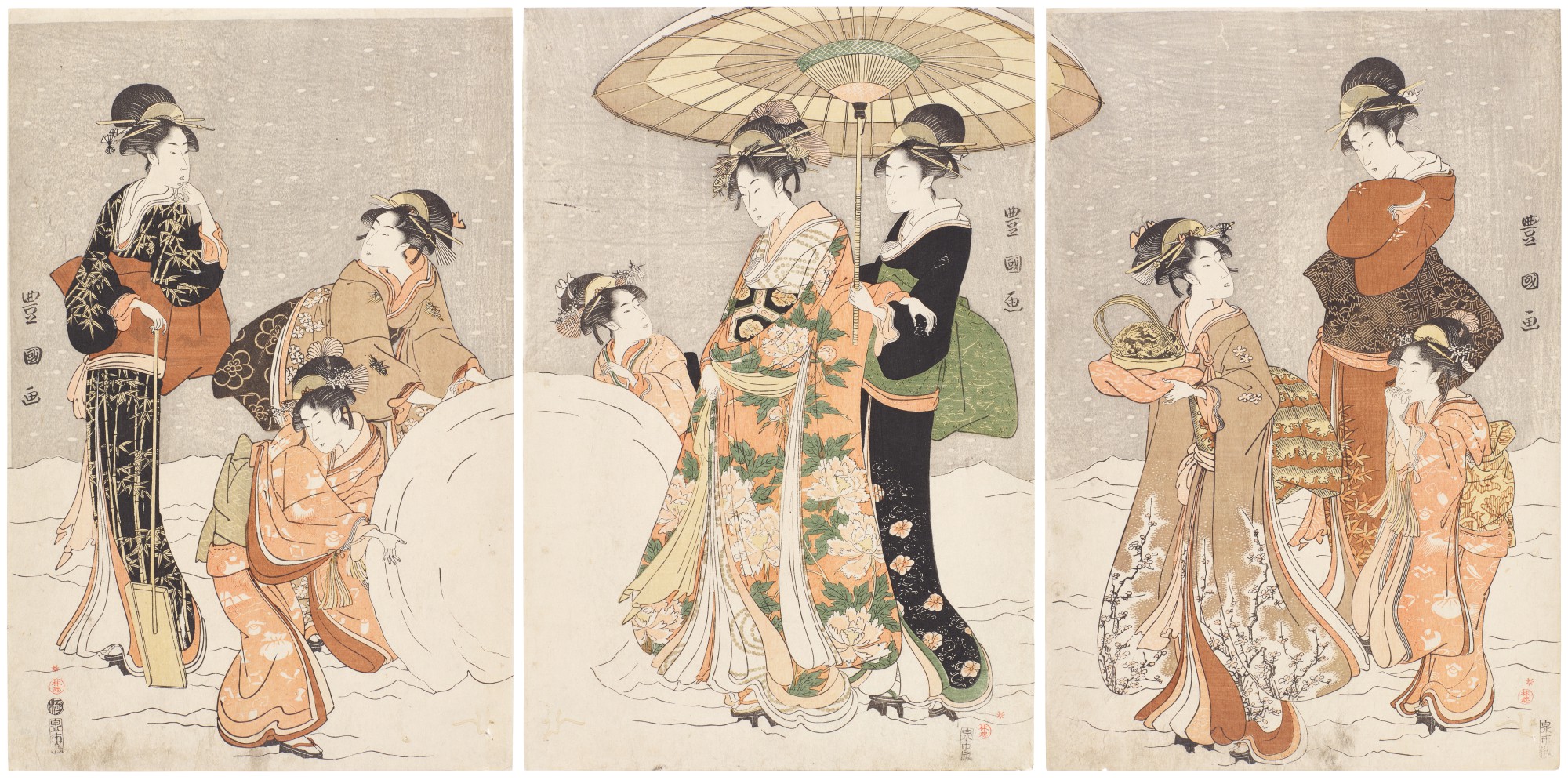 A noblewoman and attendants making a giant snowball | Edo period, late 18th century