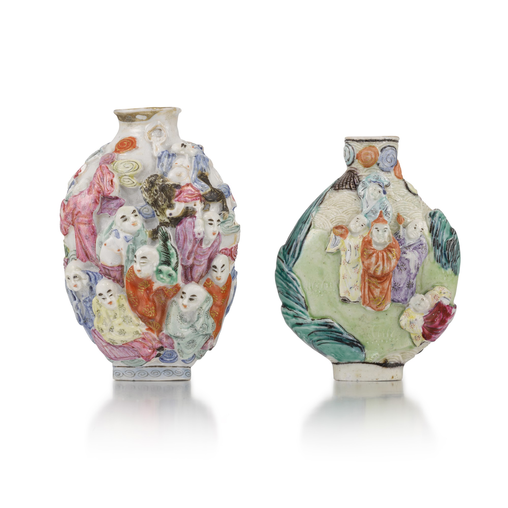 Two famille-rose moulded porcelain snuff bottles