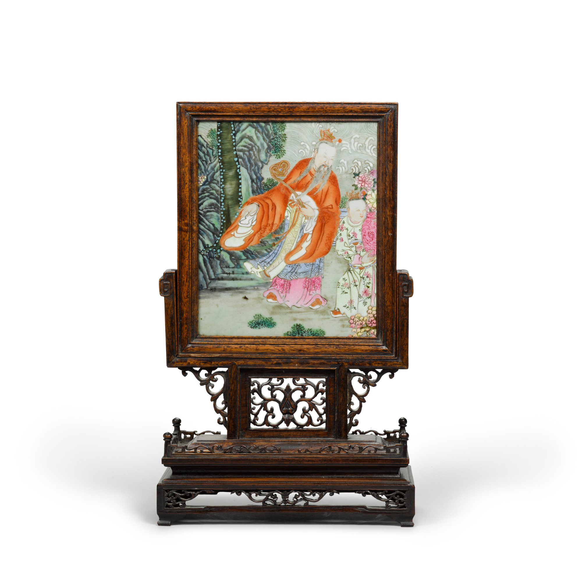A brightly enamelled famille-rose plaque mounted as a table screen — 瓷板為清 約1800年 粉彩神仙圖瓷板小桌屏