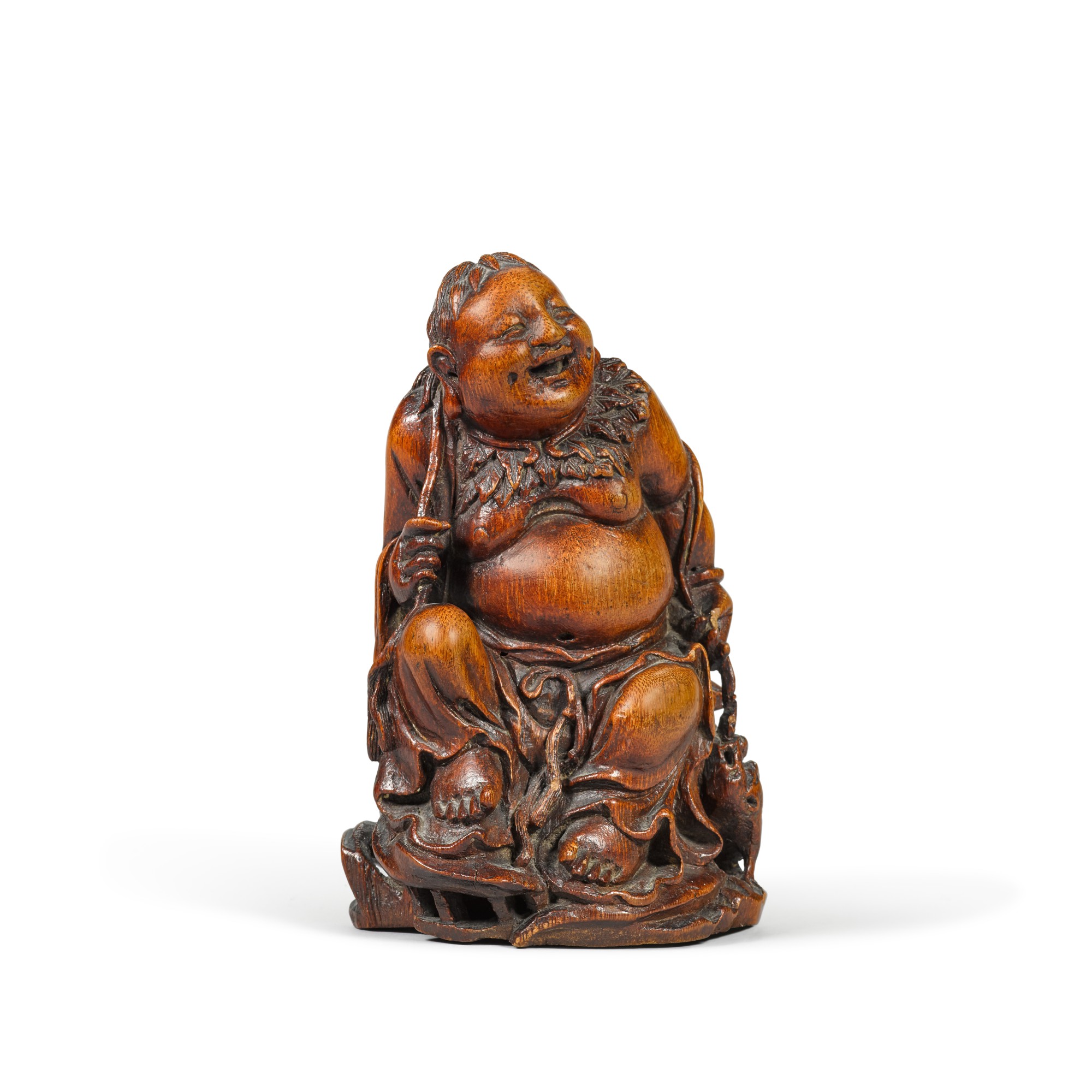 A carved bamboo figure of Liu Hai and his three-legged toad — 十七/十八世紀 竹雕劉海戯金蟾