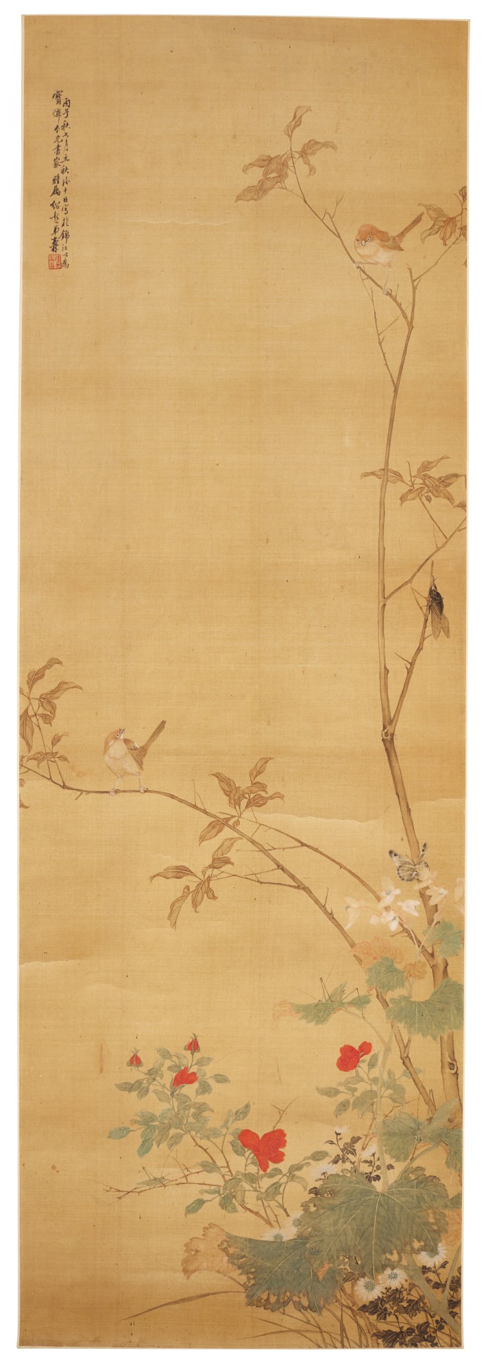 Attributed to Sun Jiashou — 二十世紀 孫嘉壽（款） 花鳥 立軸 設色絹本