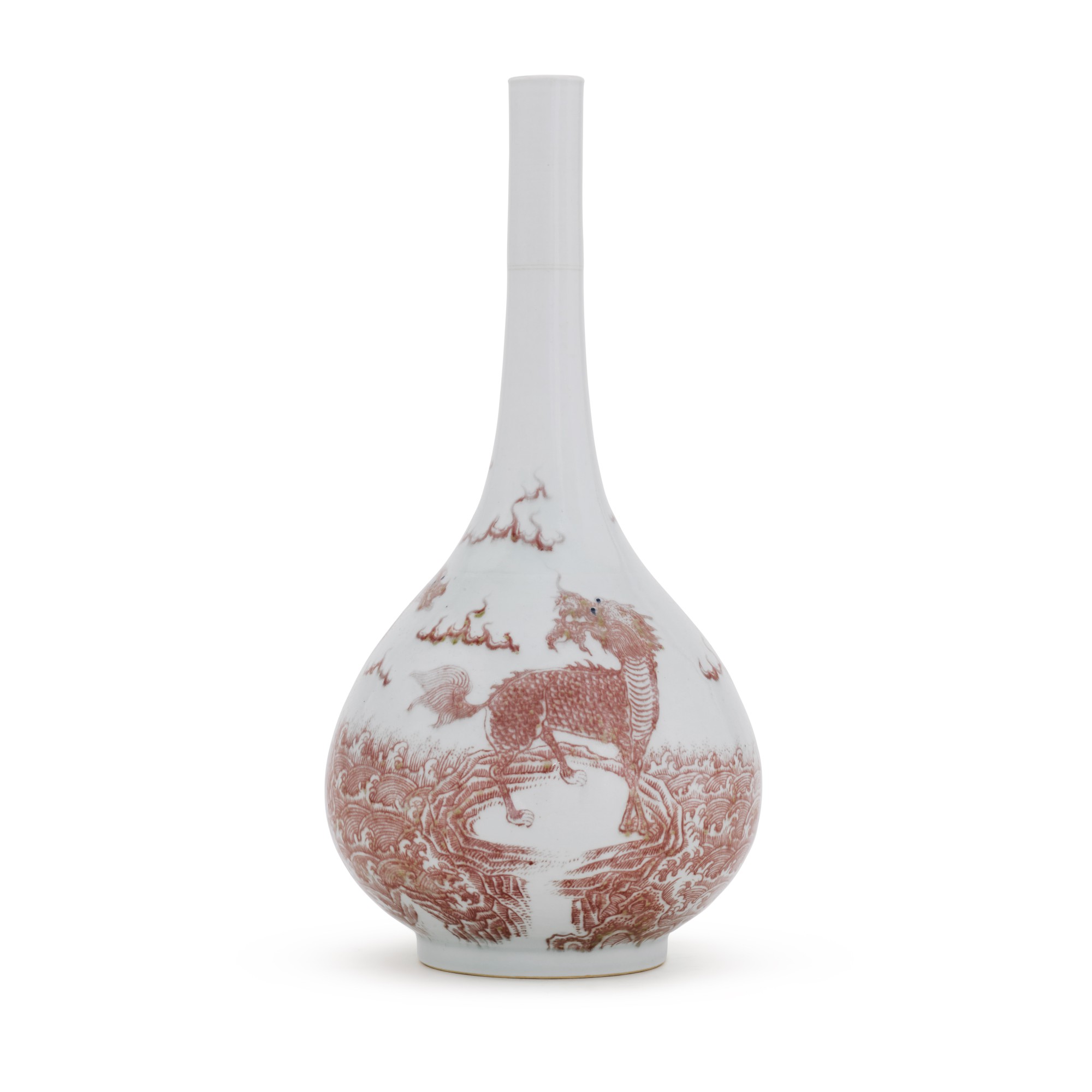 A copper-red and underglaze-blue 'qilin' vase — 清十八/十九世紀 青花釉裏紅麒麟圖長頸瓶