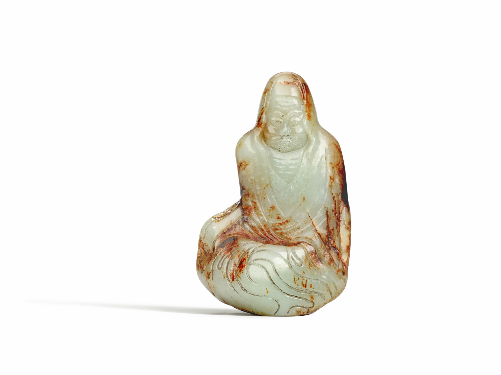 An imperially inscribed celadon jade 'luohan' boulder — 明/清乾隆 青玉御製詩雜哩逋荅羅漢坐像