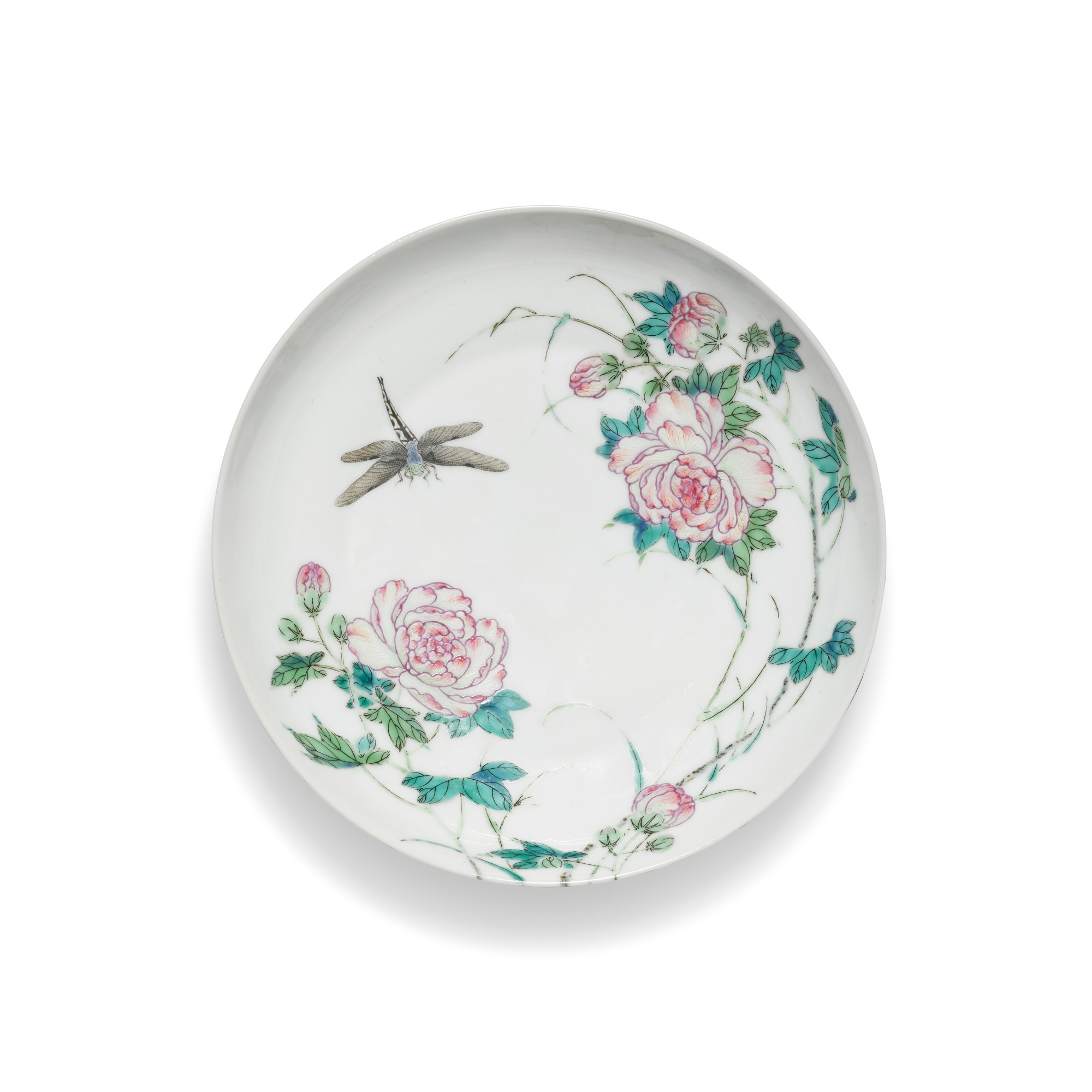 A rare famille-rose 'hibiscus' dish — 清乾隆 粉彩過枝秋水芙蓉蜻蜓圖盤 《大清乾隆年製》款