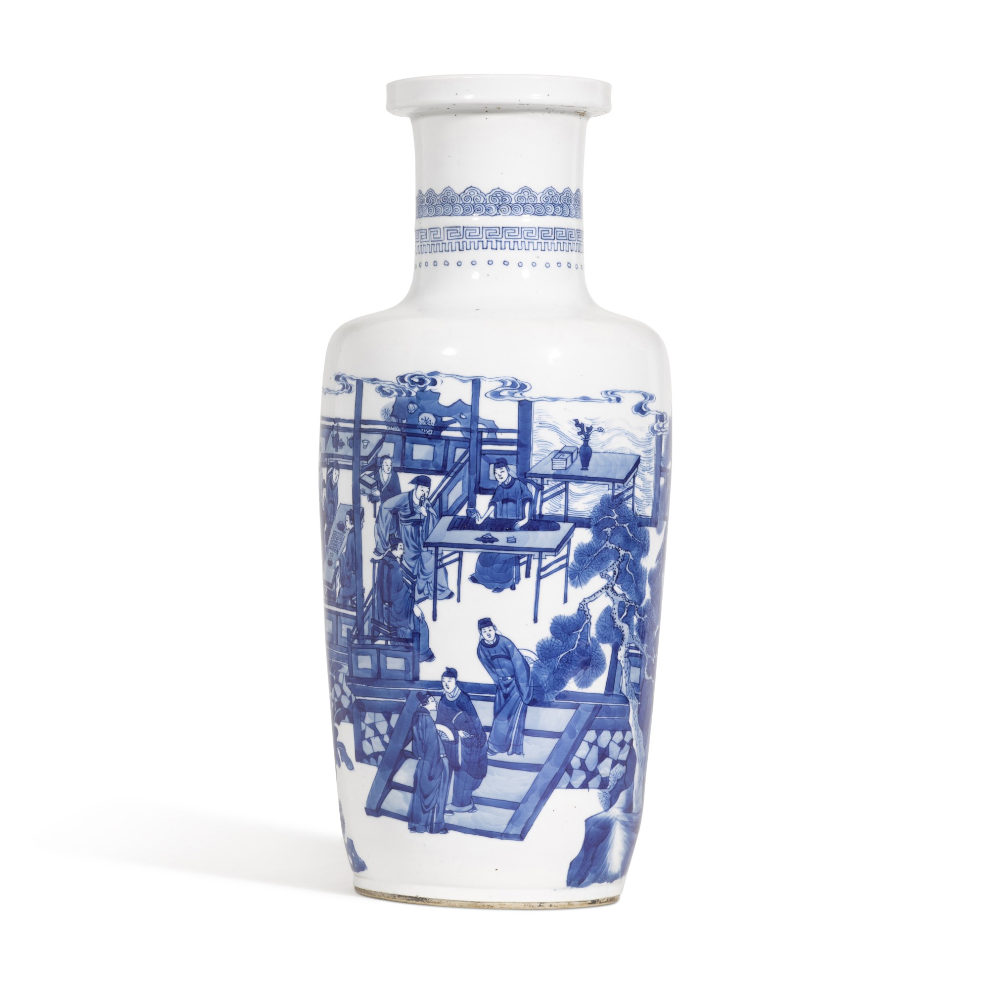 A blue and white rouleau vase — 清康熙 青花人物故事圖棒槌瓶