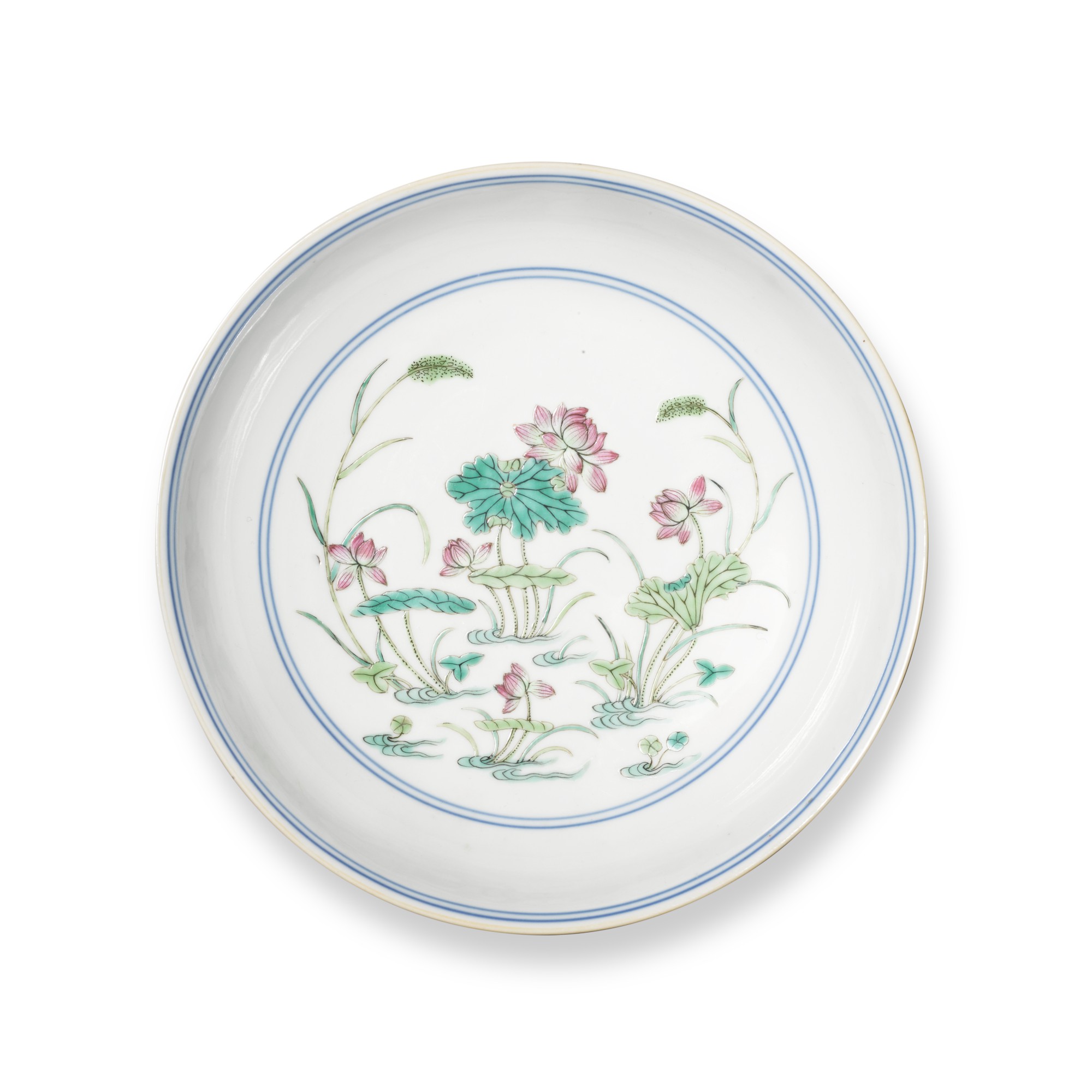 A famille-rose 'lotus pond' dish — 清嘉慶 粉彩荷塘鴛鴦紋盤 《大清嘉慶年製》款