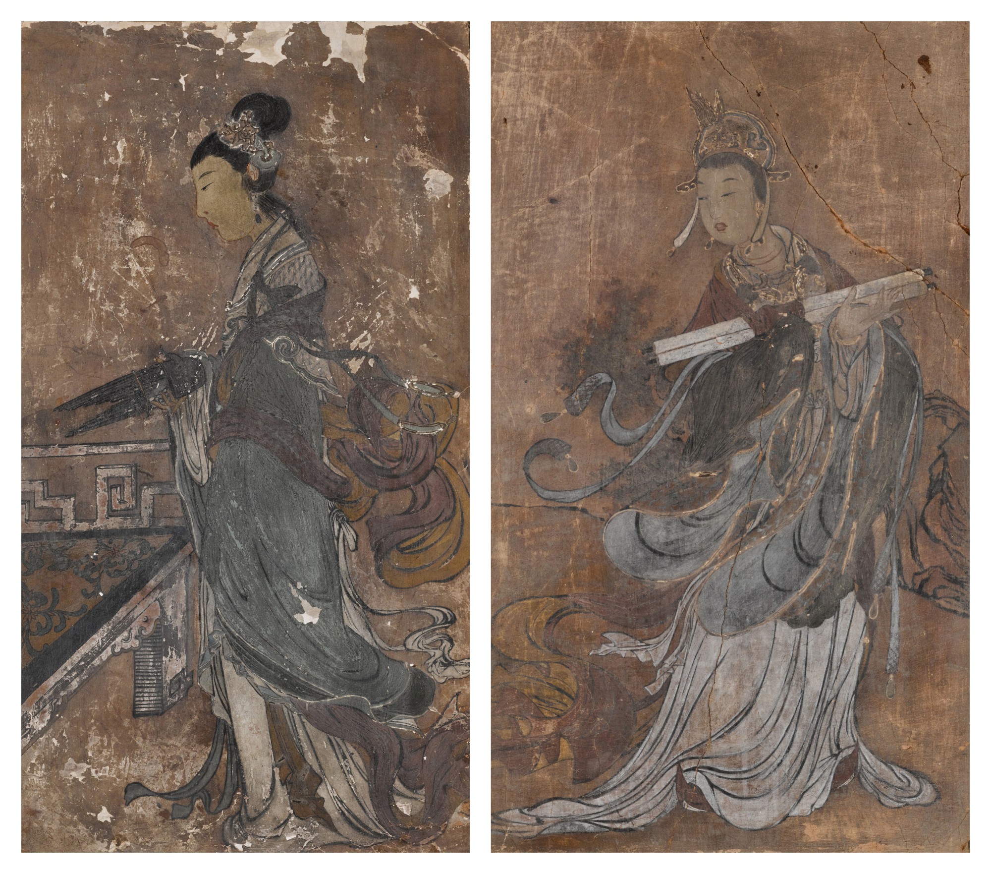 Two polychrome stucco fresco fragments — 明 灰泥彩繪天女圖壁畫殘片一組兩件