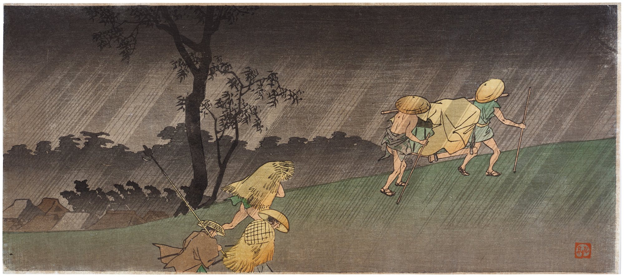 Travellers in rain | Taisho period, early 20th century