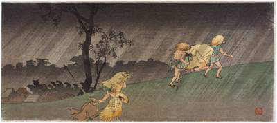 Travellers in rain | Taisho period, early 20th century