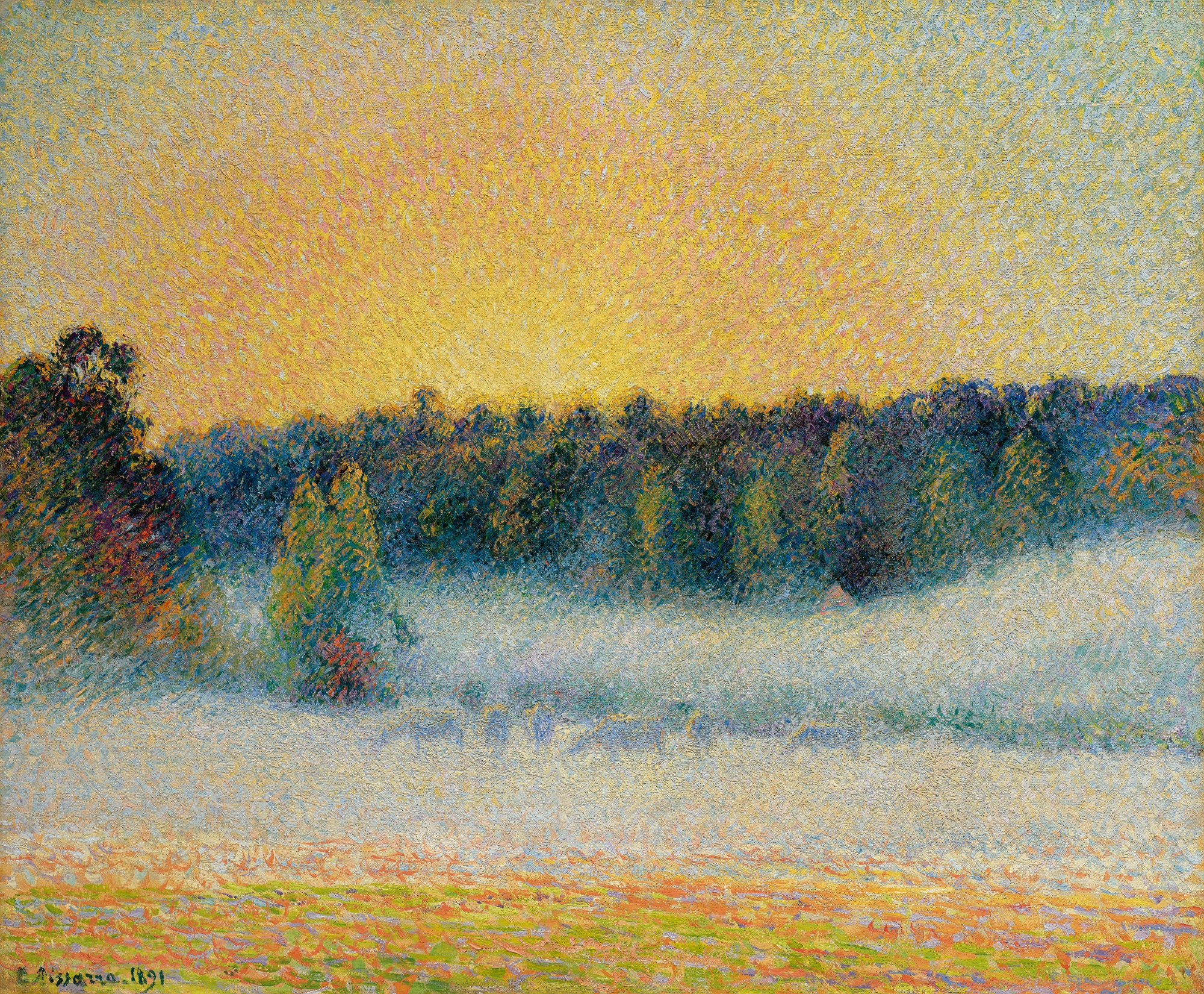 Camille Pissarro — Prairie avec vaches, brume, soleil couchant à Éragny