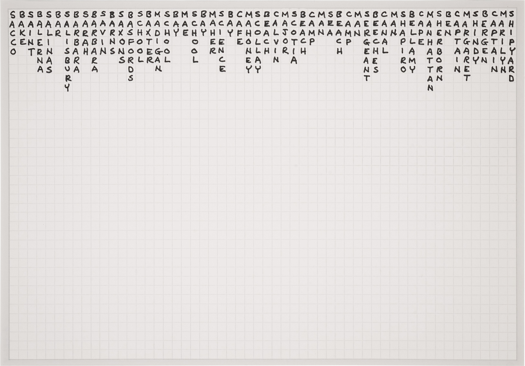 Carl Andre — SBSBSBSBSBSBSBSBMSBMSBMSBCMSBCMSBCMSBCMSBCMSBCMSBCMSBCMS, from Autobiographies Field #7