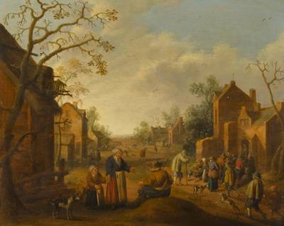 A village scene with figures begging in the foreground and others gathered around an inn