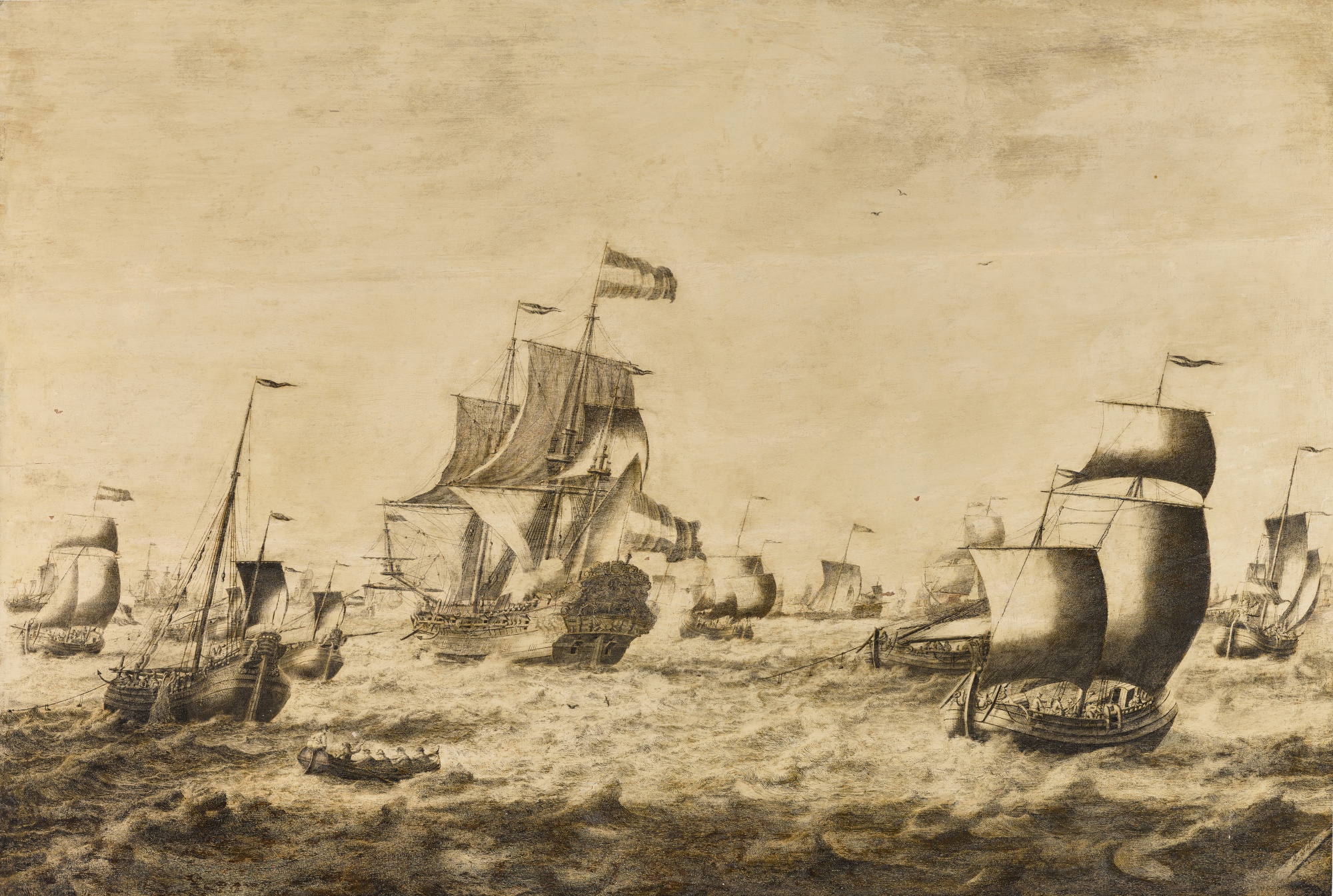 Unknown — Dutch herring fleet featuring boats casting nets and a rowing boat in the foreground