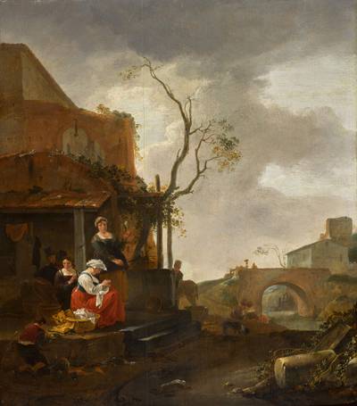Exterior of a tavern with a lady sewing