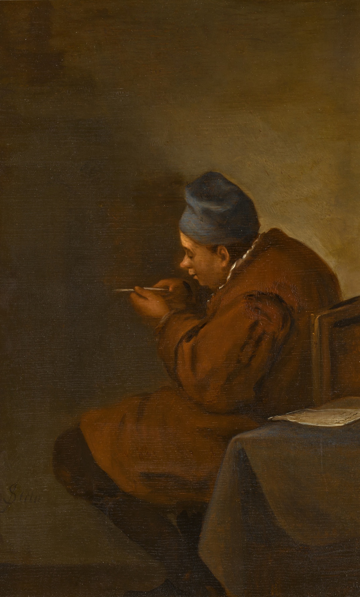 Man Sharpening a Pen