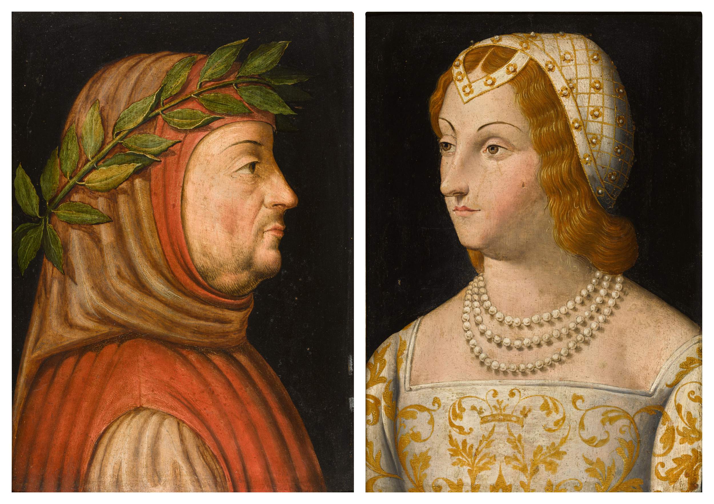 Central Italian School, first half of the 16th century — A pair of portraits: Petrarch (1304–1374); and Laura de Noves (1310–1348)