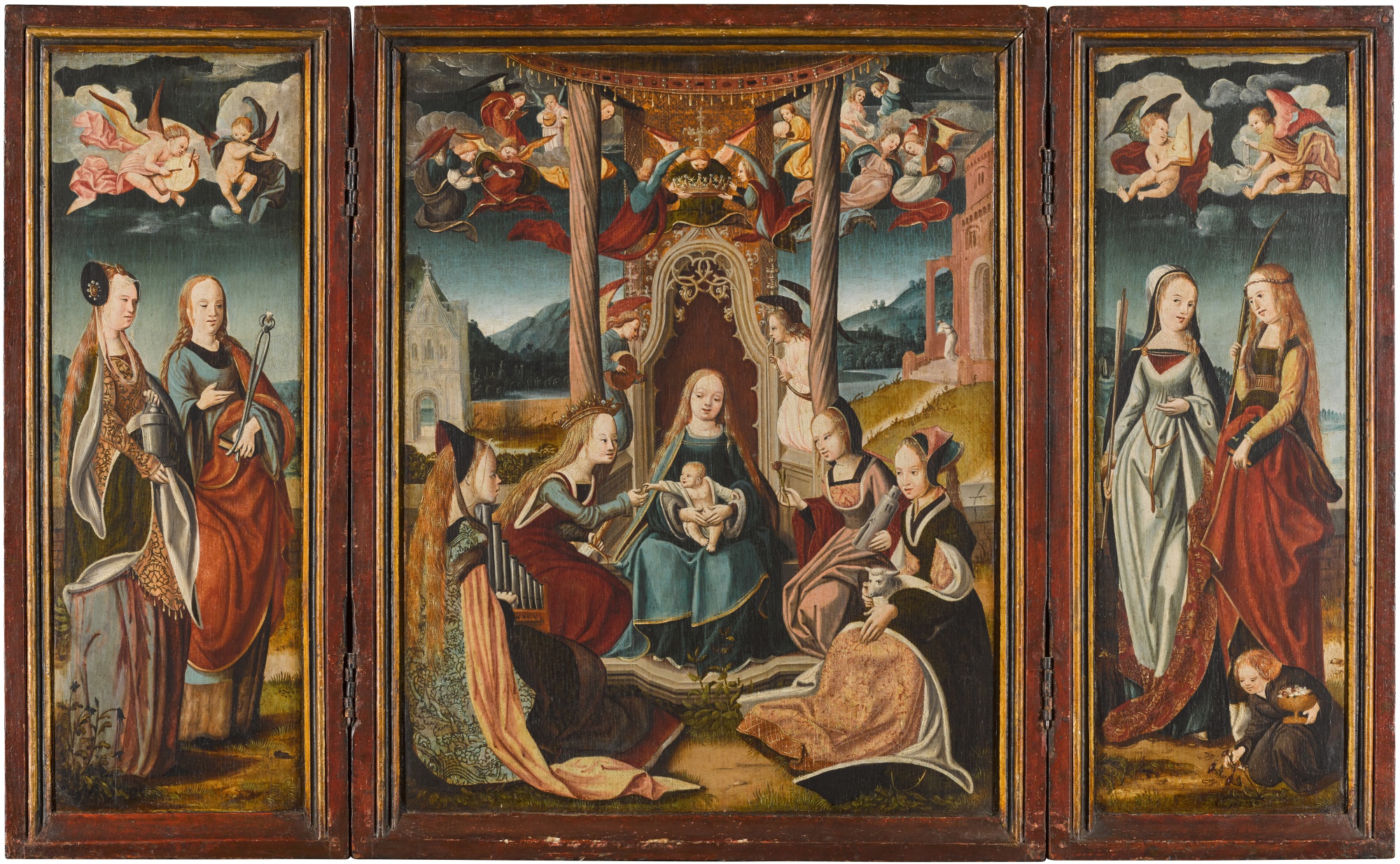 North Netherlandish School, circa 1515–1530 — A triptych:  The Virgin and Child enthroned, surrounded by female saints and angels